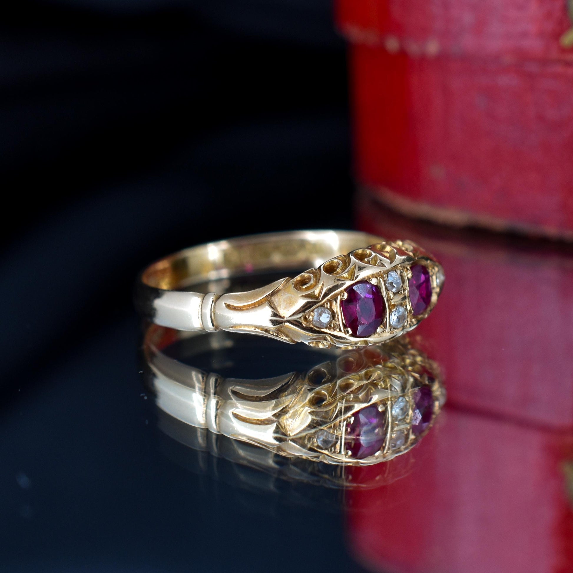 Antique Ruby and Diamond 18ct Yellow Gold Boat Ring | Birmingham 1907