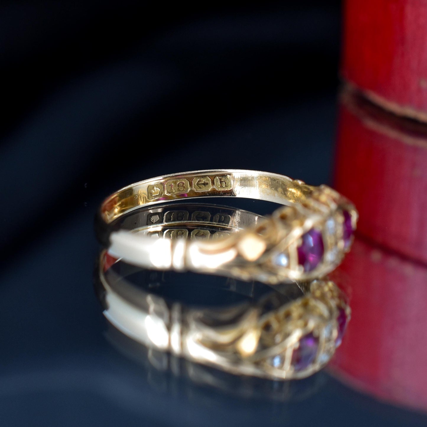 Antique Ruby and Diamond 18ct Yellow Gold Boat Ring | Birmingham 1907