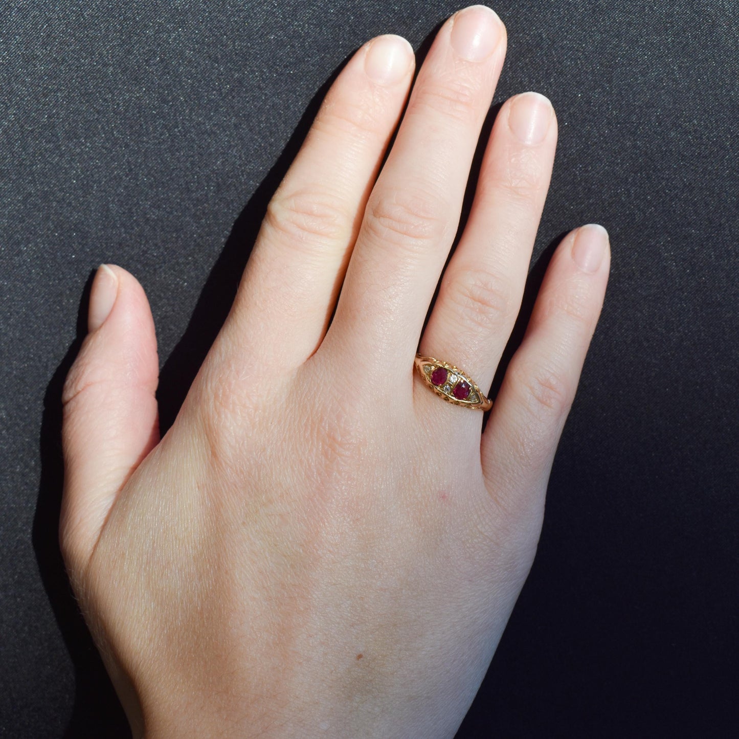 Antique Ruby and Diamond 18ct Yellow Gold Boat Ring | Birmingham 1907