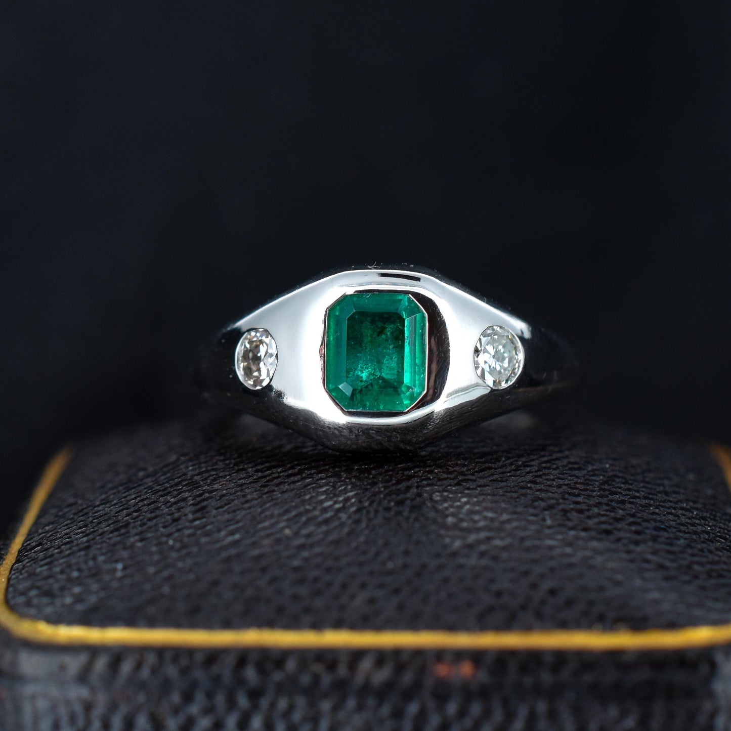 Natural Emerald and Diamond Three Stone Platinum Chunky Band Ring