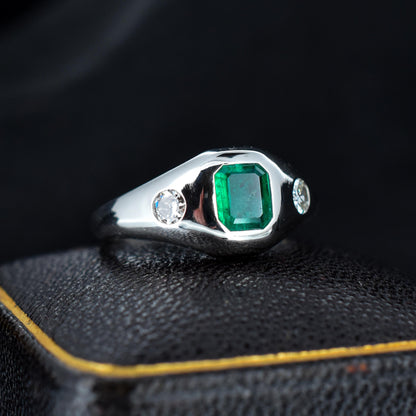 Natural Emerald and Diamond Three Stone Platinum Chunky Band Ring