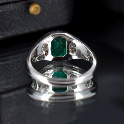 Natural Emerald and Diamond Three Stone Platinum Chunky Band Ring