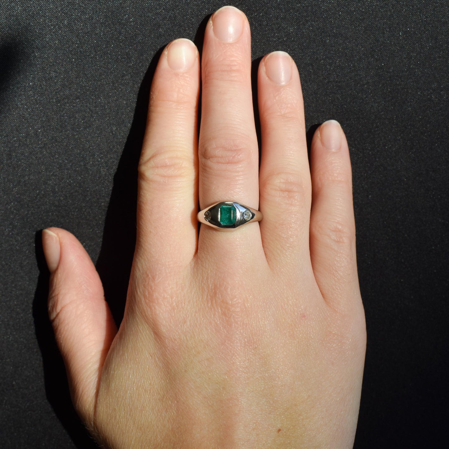 Natural Emerald and Diamond Three Stone Platinum Chunky Band Ring