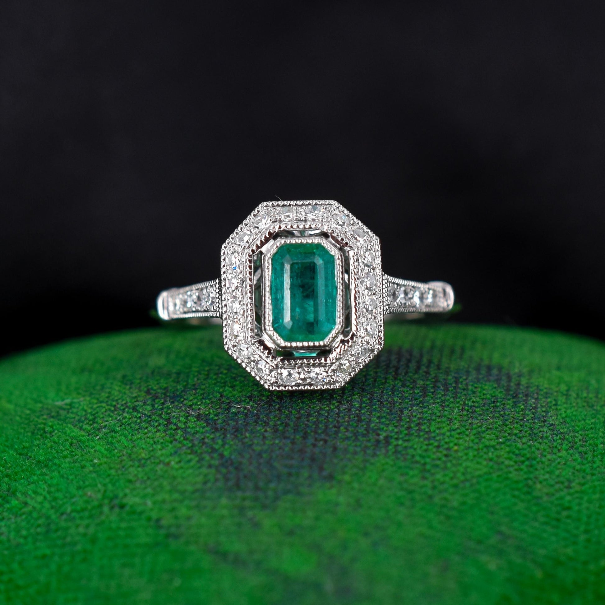 Art Deco Style Natural Emerald and Diamond Halo Platinum Ring