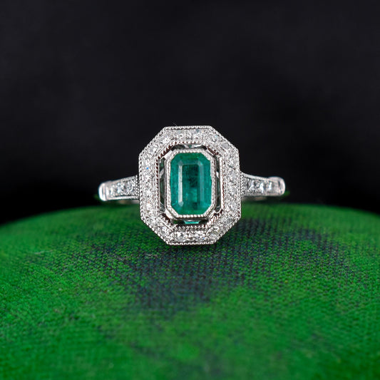 Art Deco Style Natural Emerald and Diamond Halo Platinum Ring