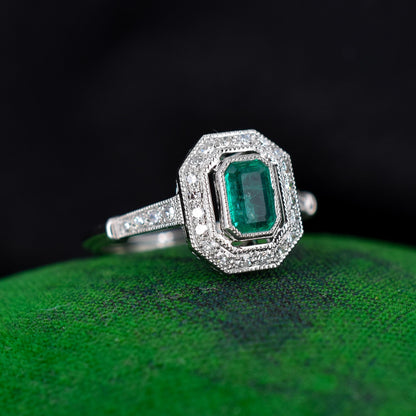 Art Deco Style Natural Emerald and Diamond Halo Platinum Ring