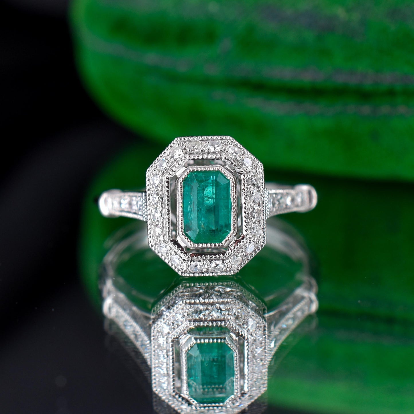 Art Deco Style Natural Emerald and Diamond Halo Platinum Ring