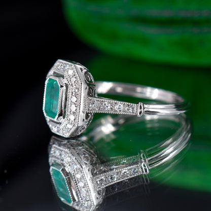 Art Deco Style Natural Emerald and Diamond Halo Platinum Ring