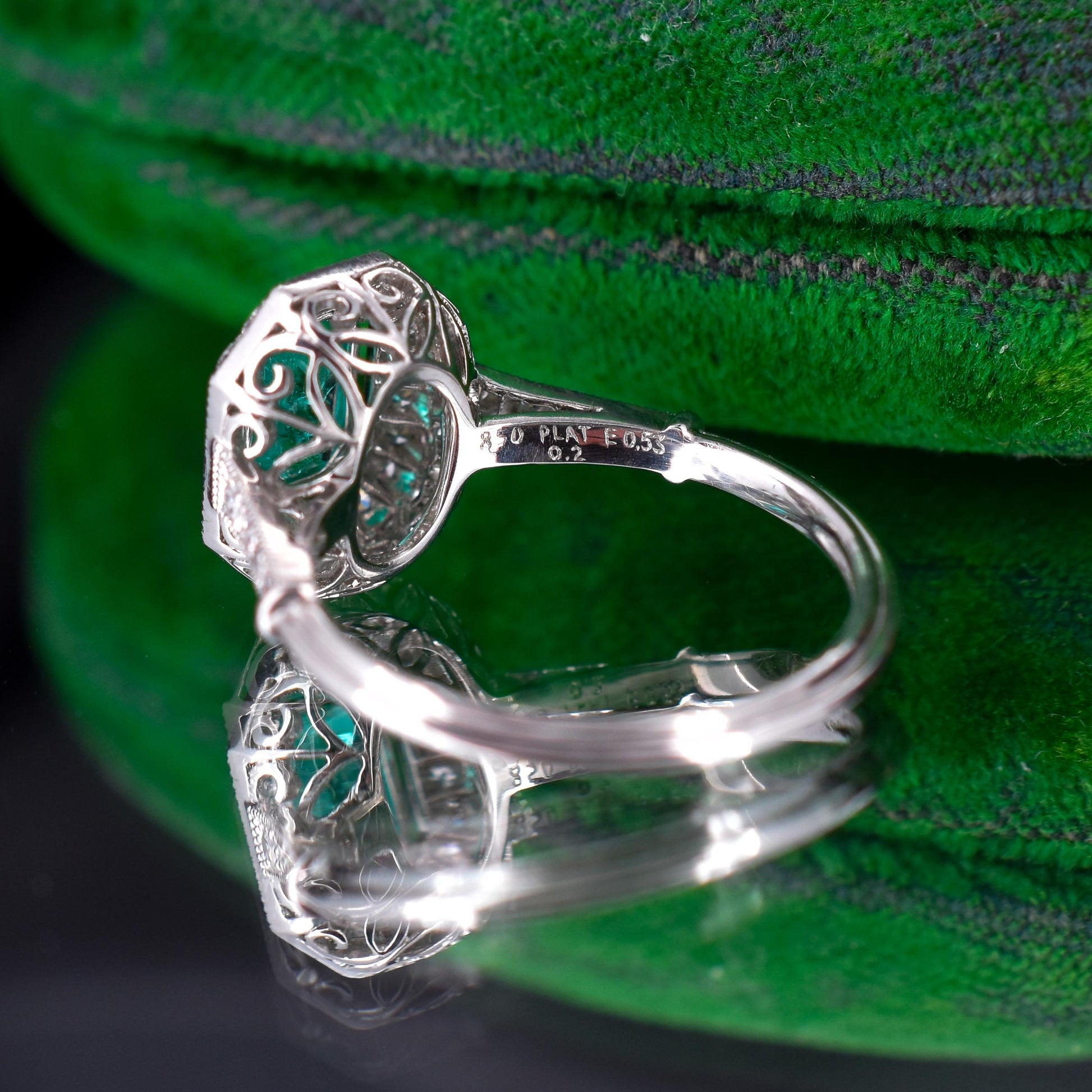 Art Deco Style Natural Emerald and Diamond Halo Platinum Ring