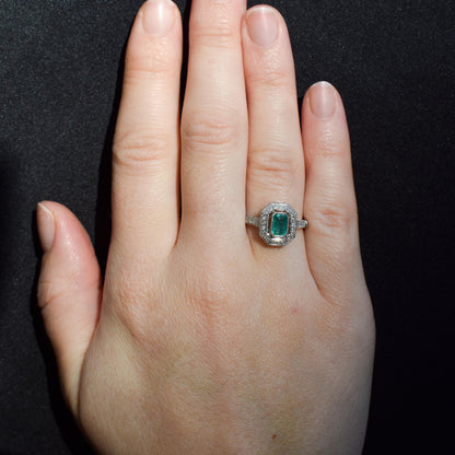 Art Deco Style Natural Emerald and Diamond Halo Platinum Ring