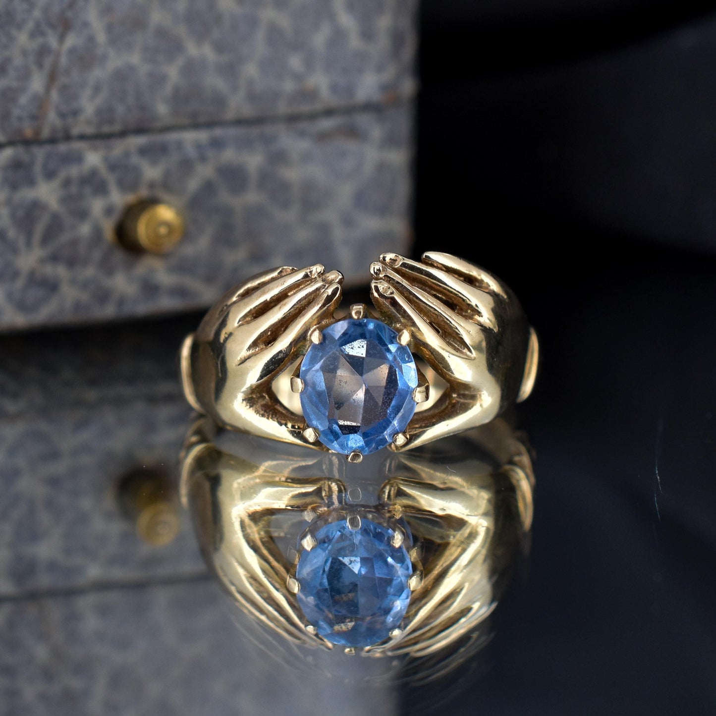 Vintage Blue Topaz Claddagh Hand 9ct Yellow Gold Ring