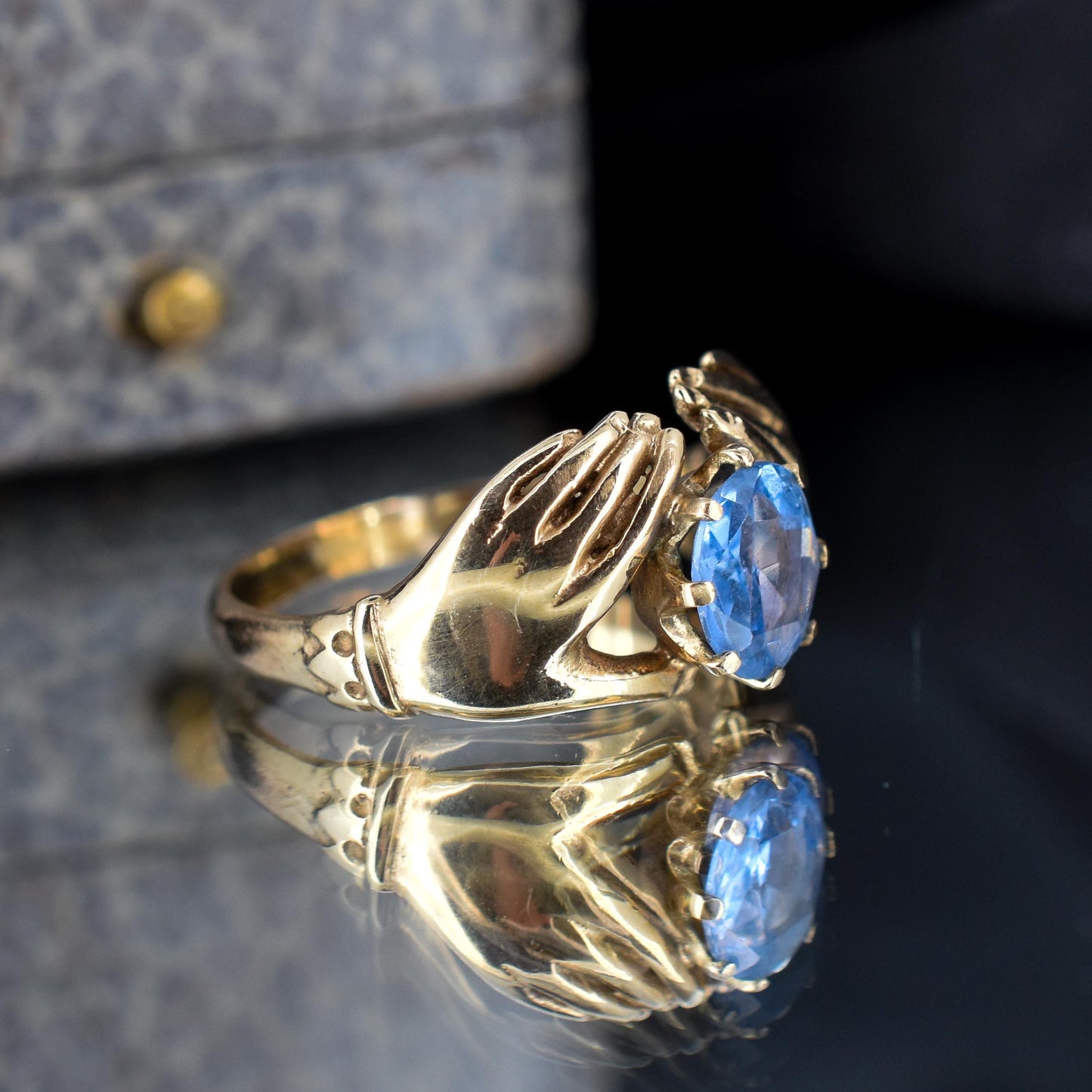 Vintage Blue Topaz Claddagh Hand 9ct Yellow Gold Ring