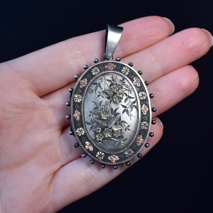 Antique Victorian Silver and Gold Oval Floral Photo Locket Pendant | Dated 1880