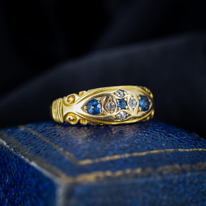 Antique Victorian Blue Sapphire and Diamond 18ct Gold Gypsy Band Ring - Dated 1897