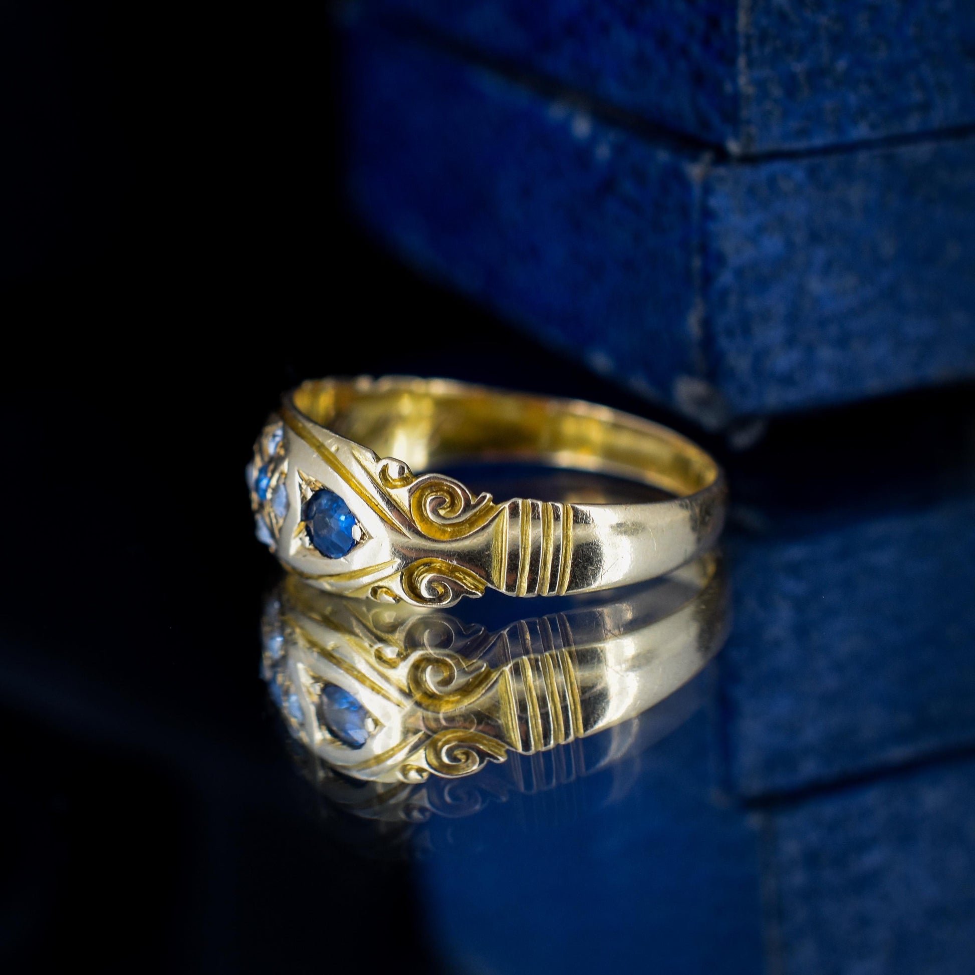 Antique Victorian Blue Sapphire and Diamond 18ct Gold Gypsy Band Ring - Dated 1897