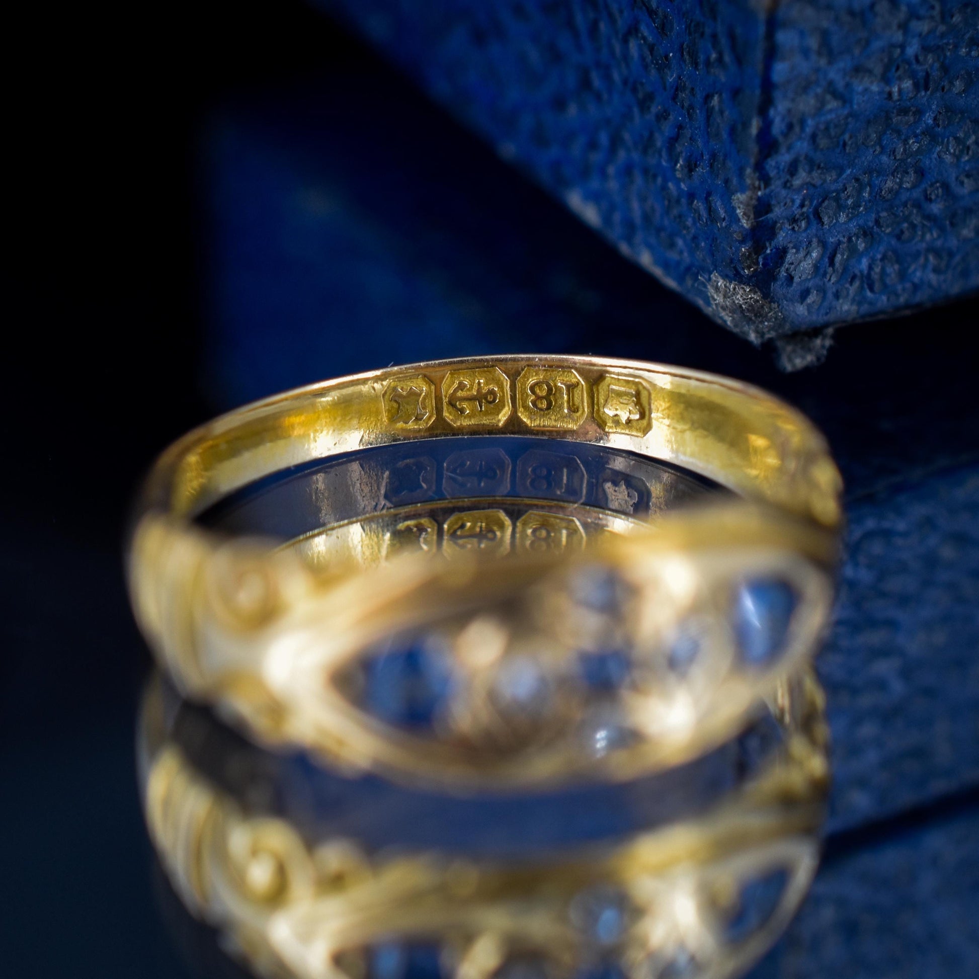 Antique Victorian Blue Sapphire and Diamond 18ct Gold Gypsy Band Ring - Dated 1897