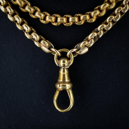 Antique Victorian Slinky Long Guard Muff Chain Rolled Gold Necklace with Dog Clip | 54"