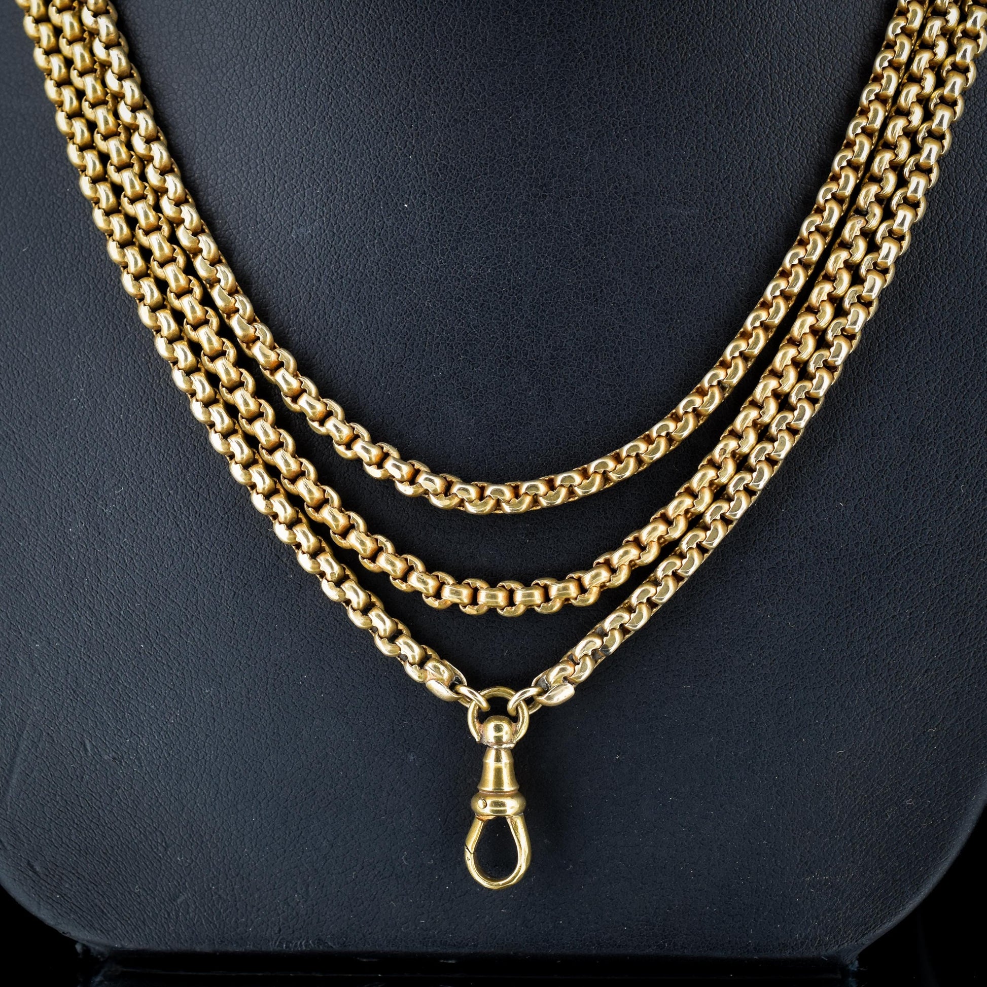 Antique Victorian Slinky Long Guard Muff Chain Rolled Gold Necklace with Dog Clip | 54"