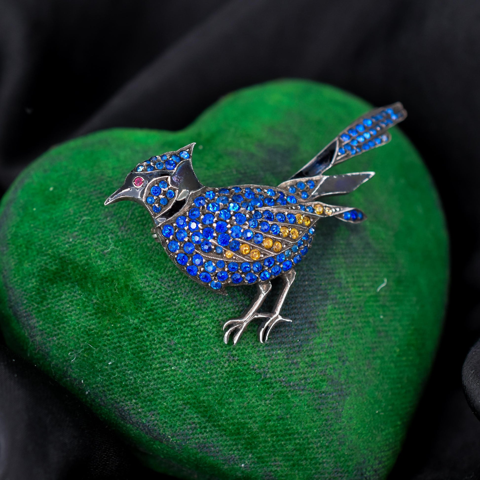 Antique Blue Bird Paste Sterling Silver Brooch Pin