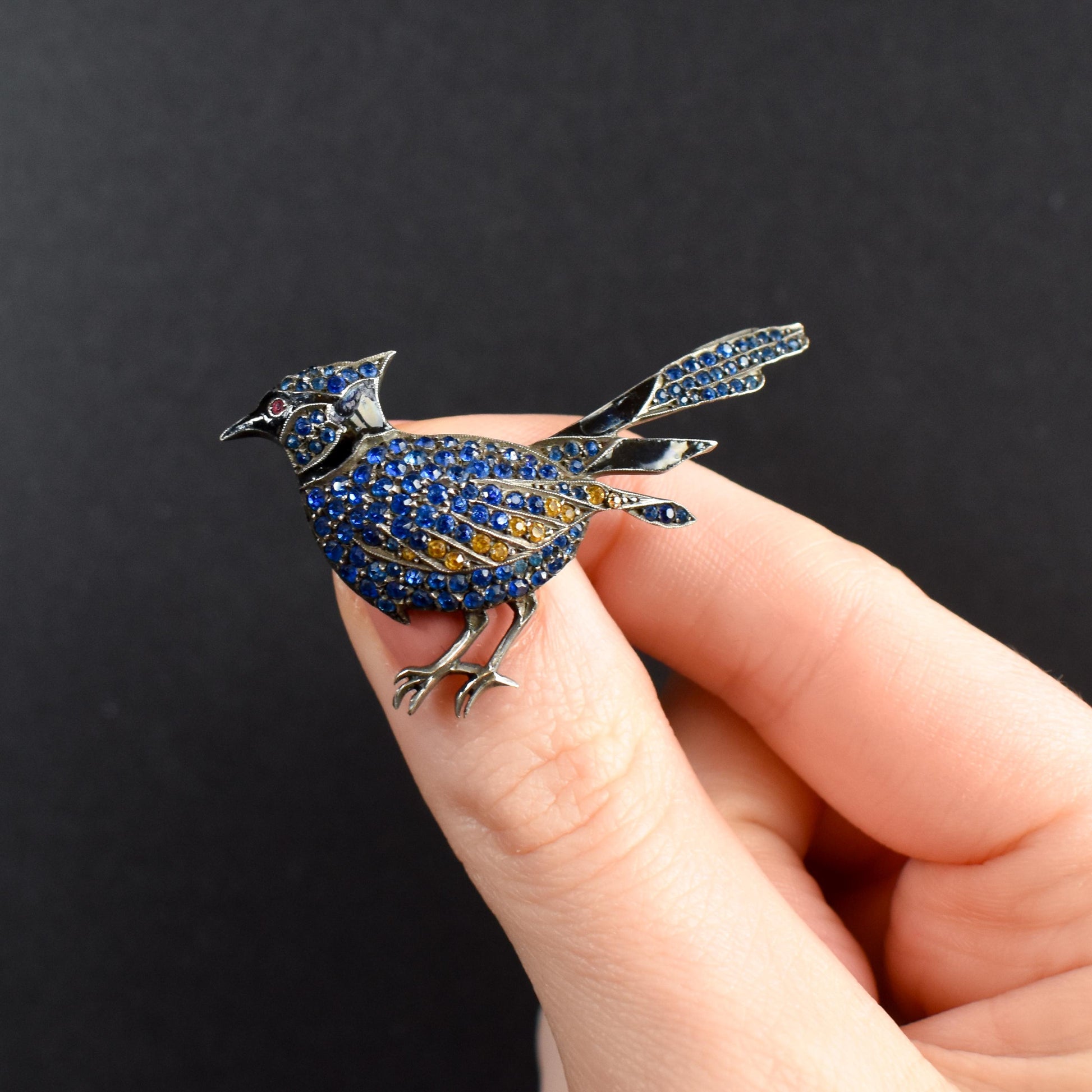 Antique Blue Bird Paste Sterling Silver Brooch Pin