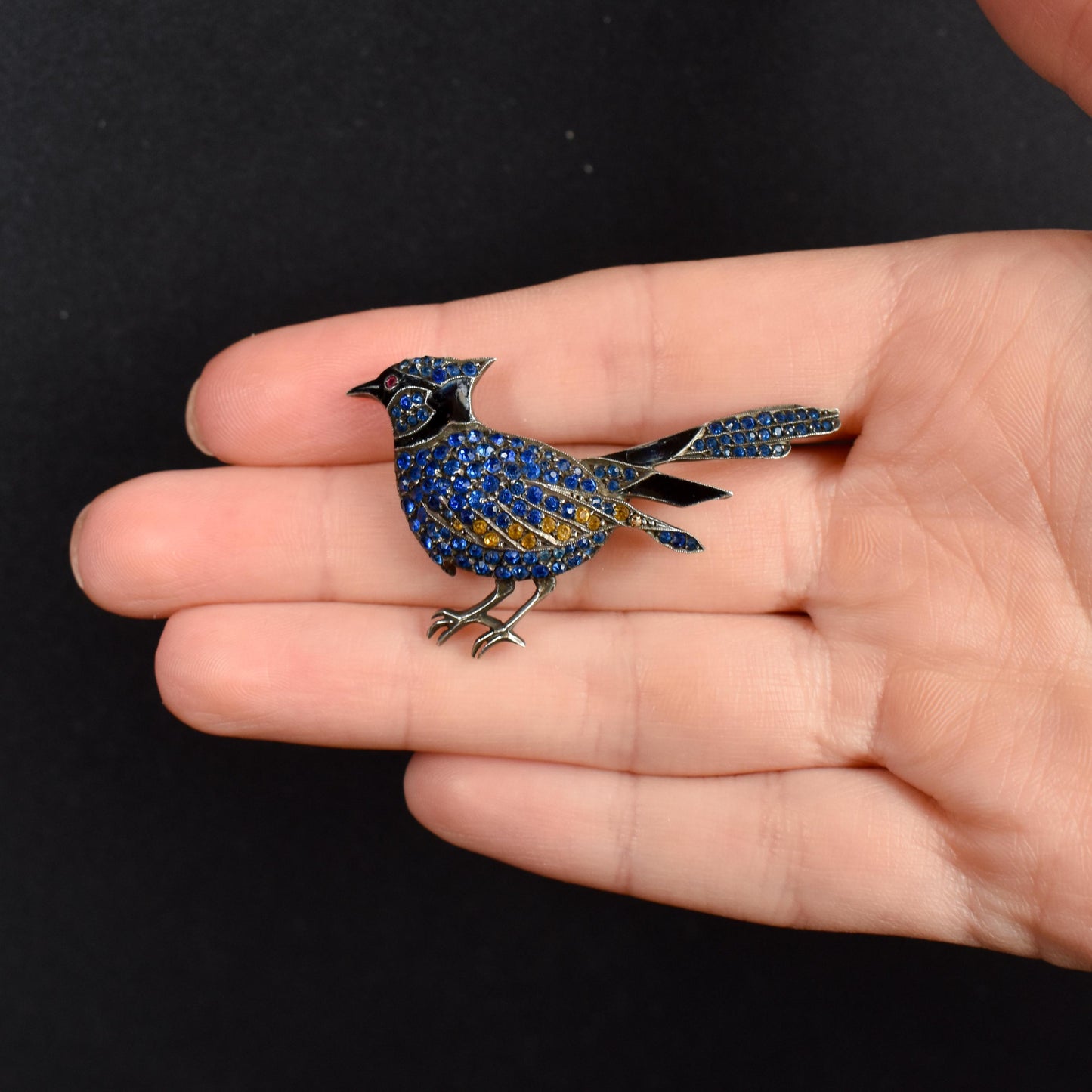 Antique Blue Bird Paste Sterling Silver Brooch Pin