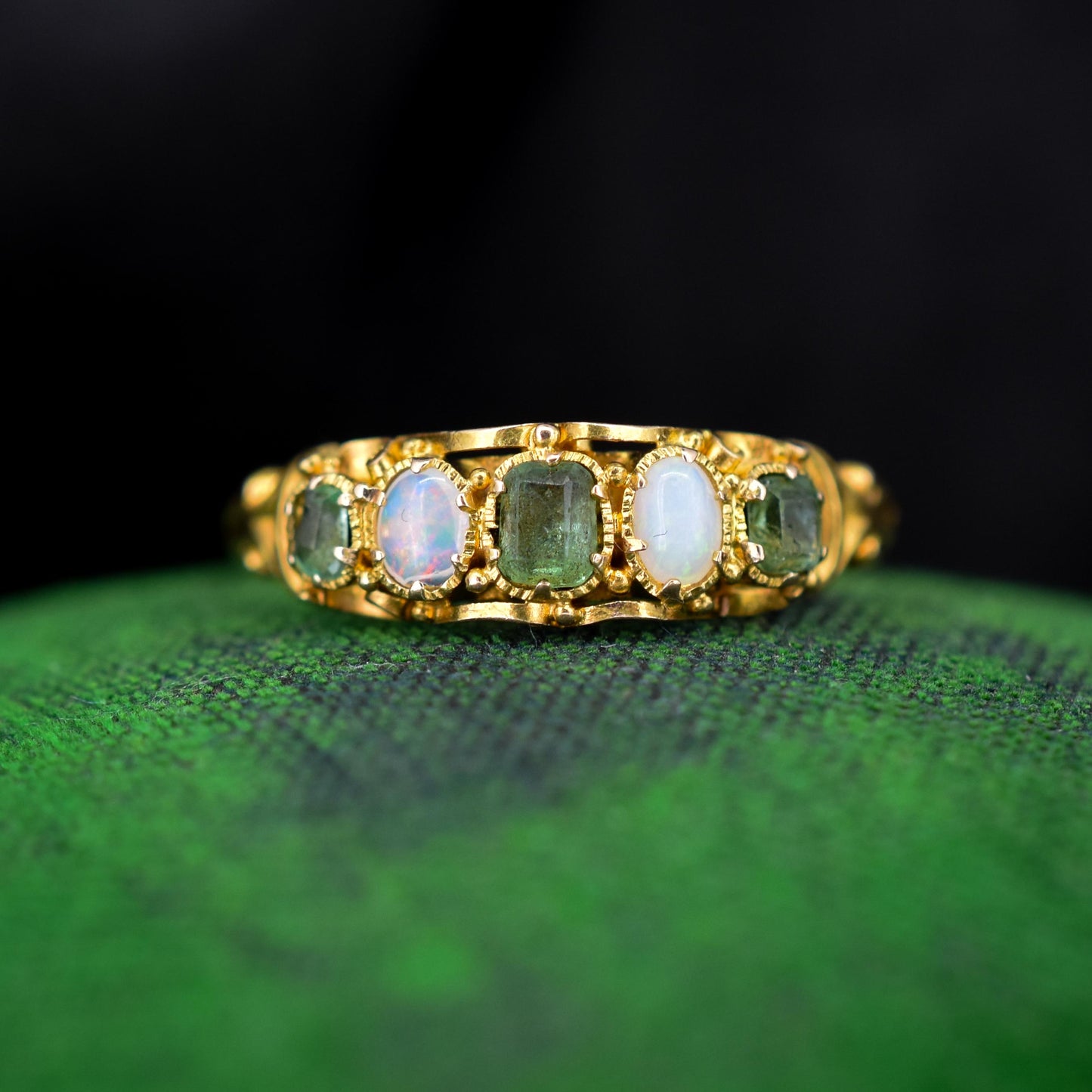 Antique Victorian Emerald and Opal 15ct Yellow Gold Scroll Ring | Dated 1866