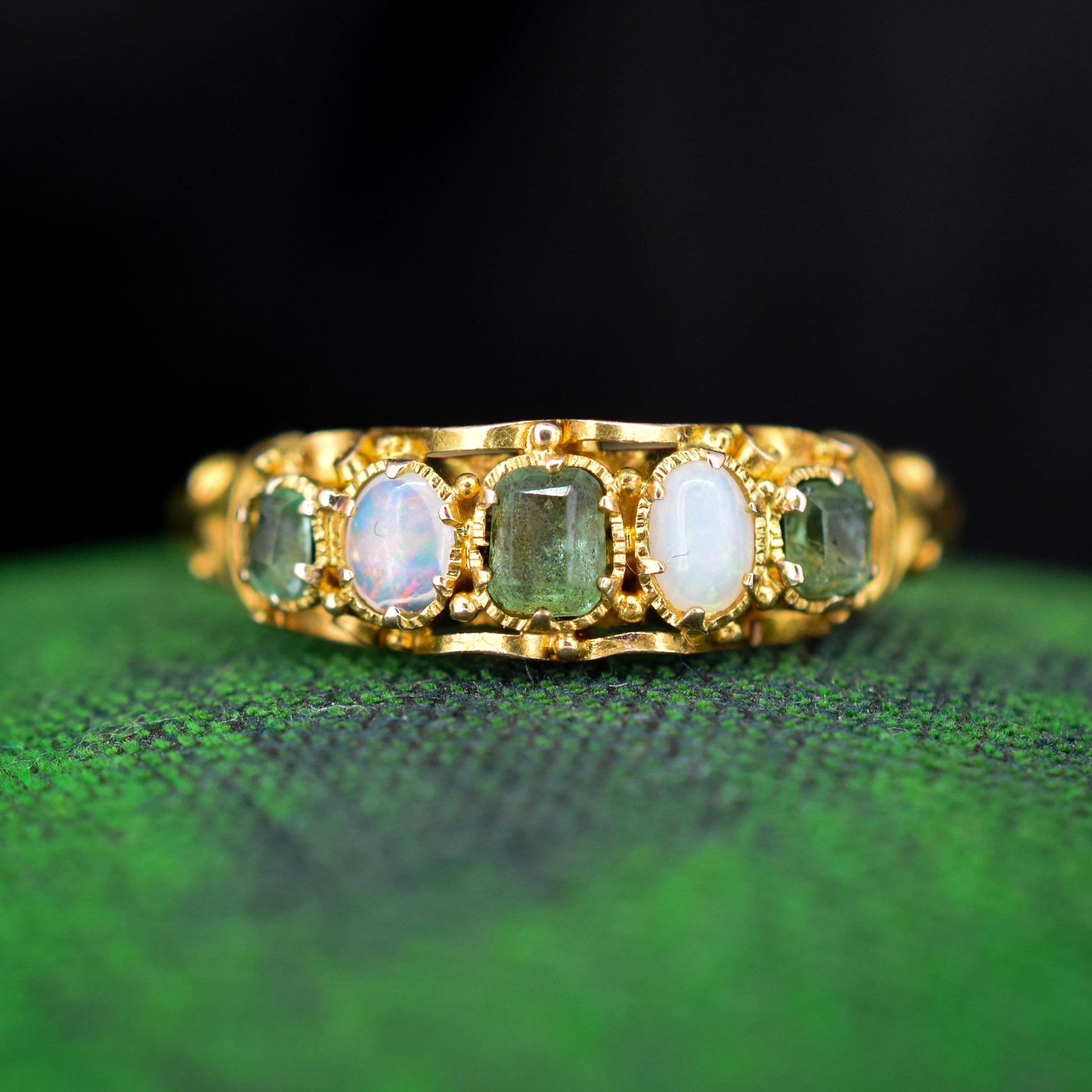 Antique Victorian Emerald and Opal 15ct Yellow Gold Scroll Ring | Dated 1866