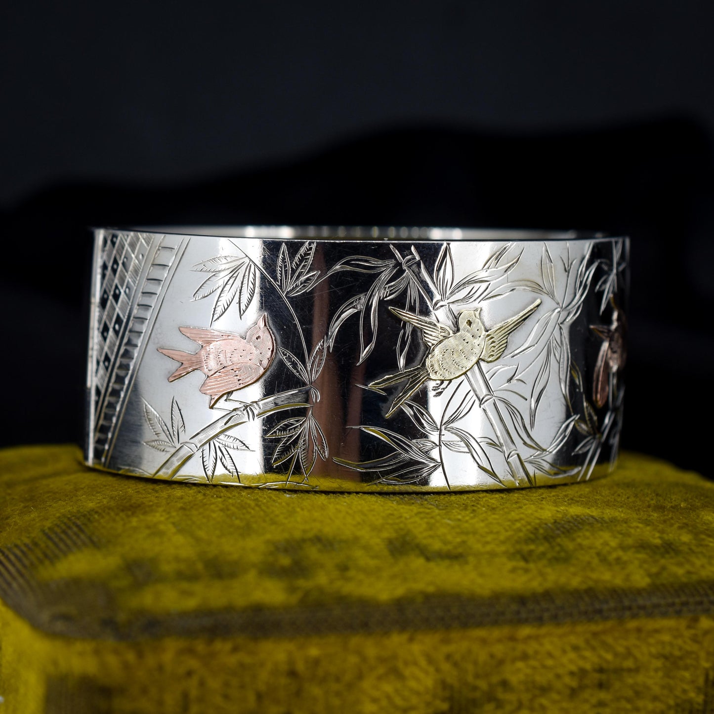 Antique Victorian Silver and Gold Bird Cuff Bangle Bracelet