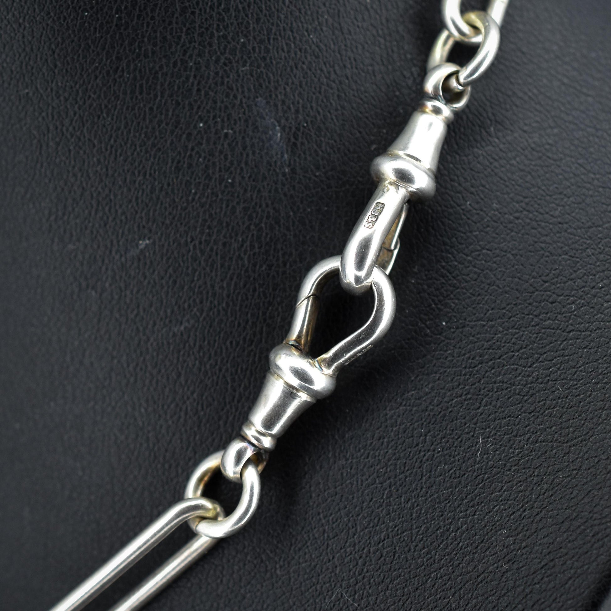 Antique Sterling Silver Trombone Watch Chain with Double Dog Clip and T Bar | 15.5"