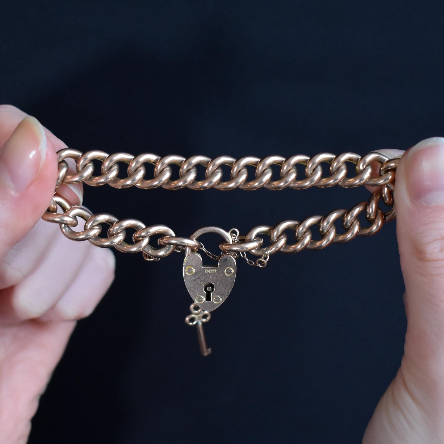 Antique 9ct Gold Curb Bracelet with Heart Padlock and Key