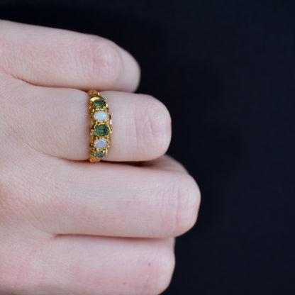 Antique Victorian Emerald and Opal 15ct Yellow Gold Scroll Ring | Dated 1866