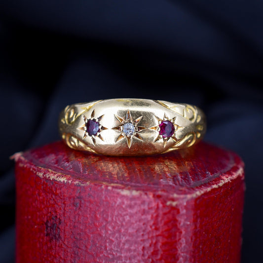 Antique Ruby Diamond Starburst 18ct Gold Gypsy Band Ring | Dated 1908