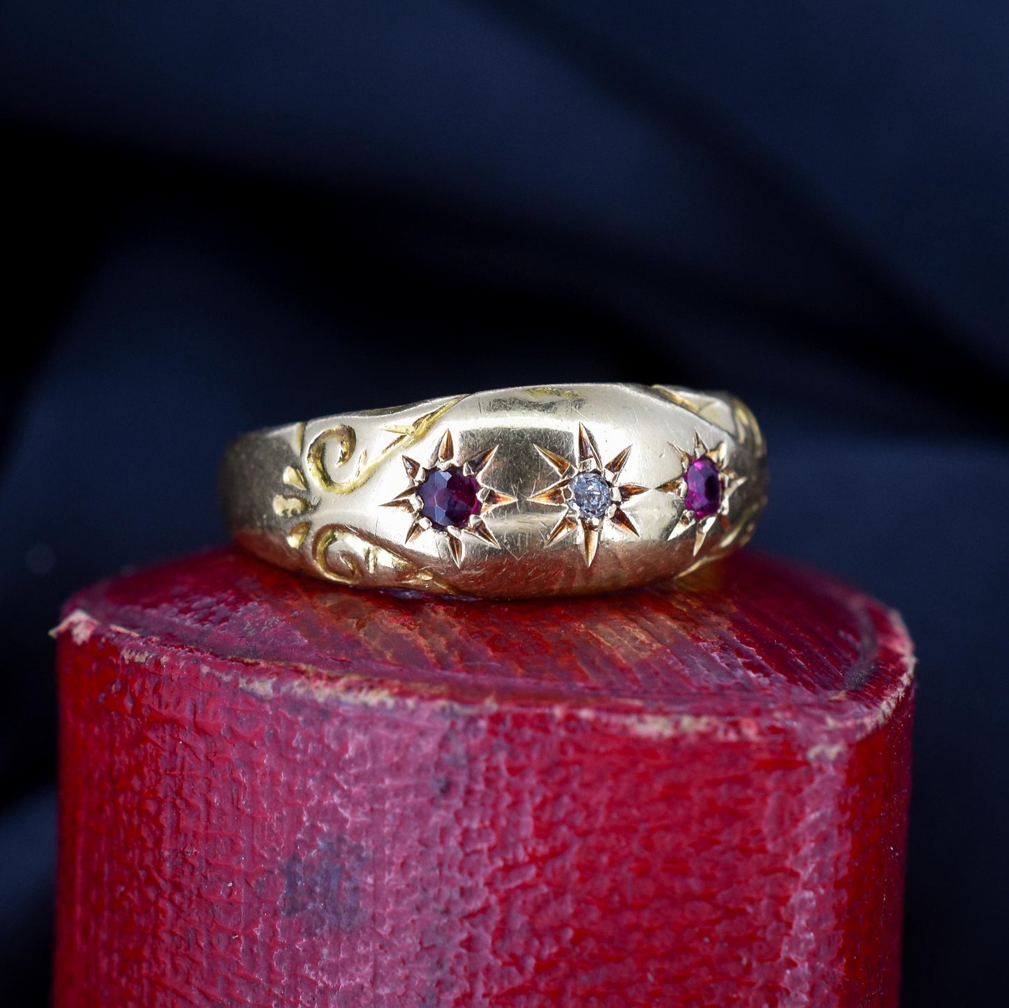 Antique Ruby Diamond Starburst 18ct Gold Gypsy Band Ring | Dated 1908