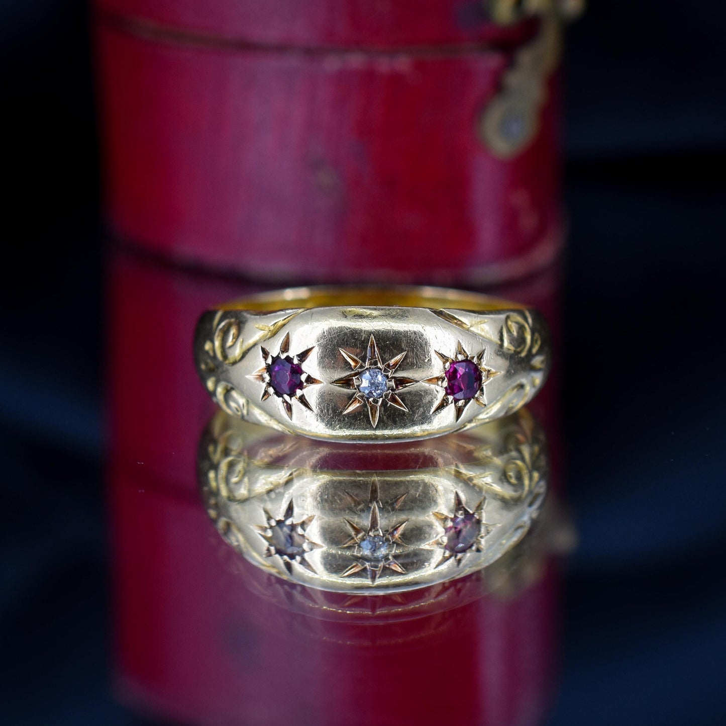 Antique Ruby Diamond Starburst 18ct Gold Gypsy Band Ring | Dated 1908