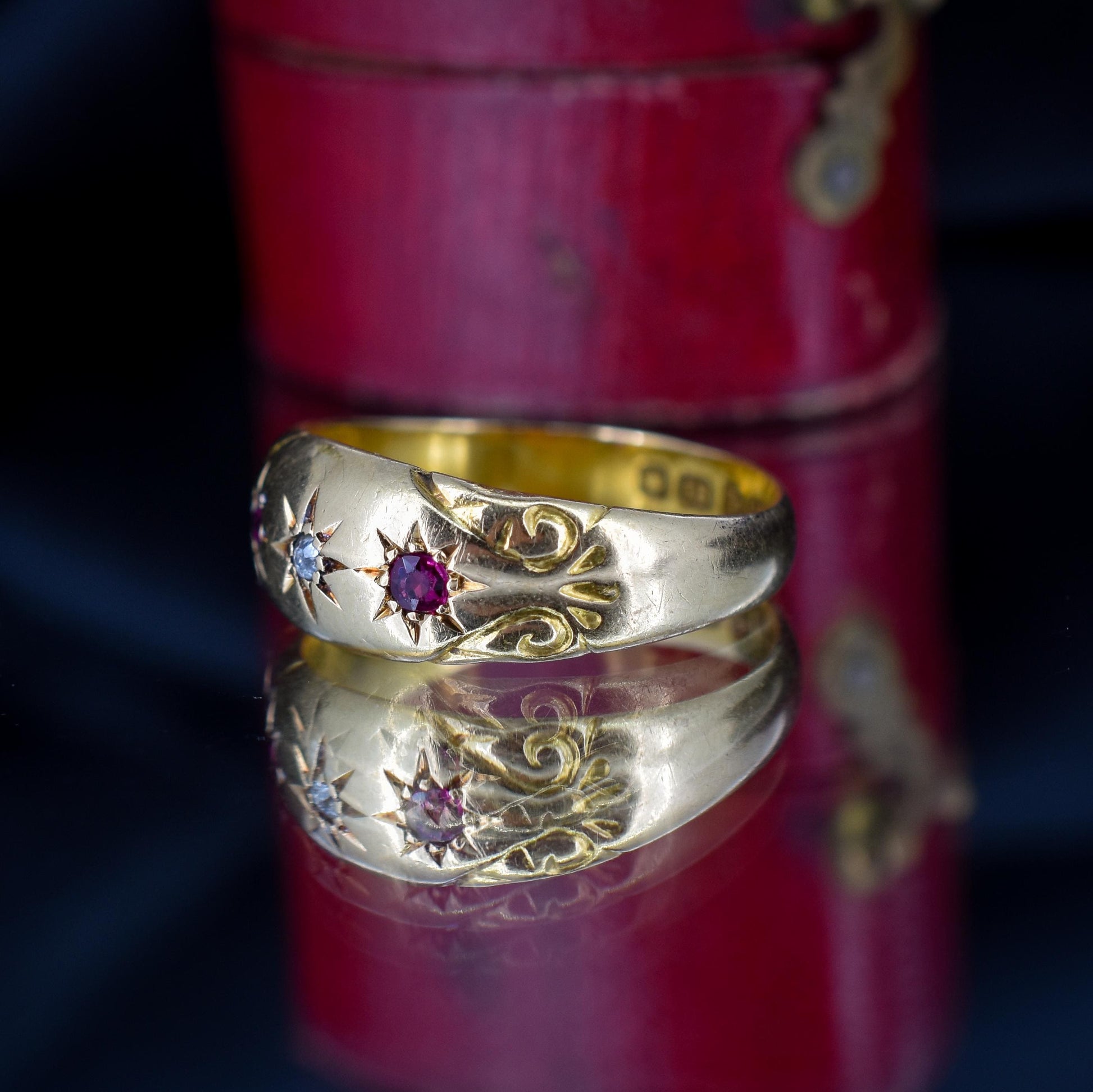 Antique Ruby Diamond Starburst 18ct Gold Gypsy Band Ring | Dated 1908