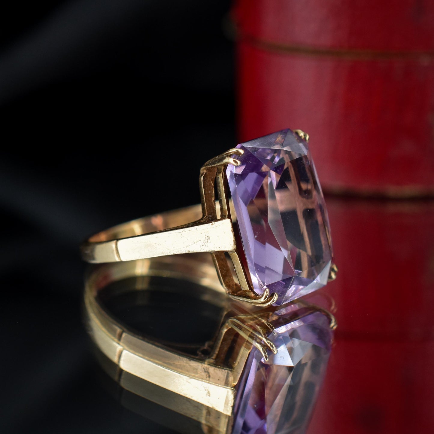 Vintage Radiant Cut Amethyst 9ct Yellow Gold Cocktail Ring