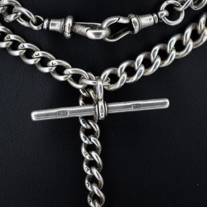 Antique 103g Sterling Silver Curb Watch Chain with Double Dog Clip and T Bar | 24.5"