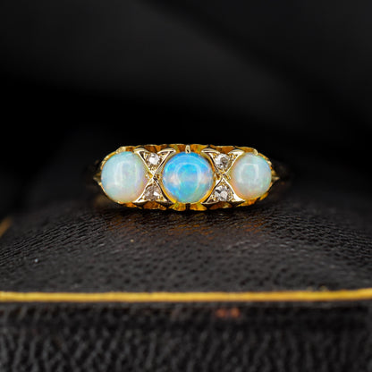 Antique Natural Opal and Diamond 18ct Yellow Gold Three Stone Trilogy Ring