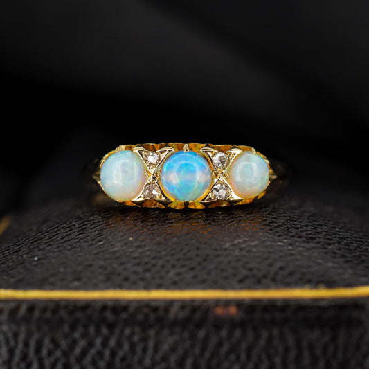 Antique Natural Opal and Diamond 18ct Yellow Gold Three Stone Trilogy Ring