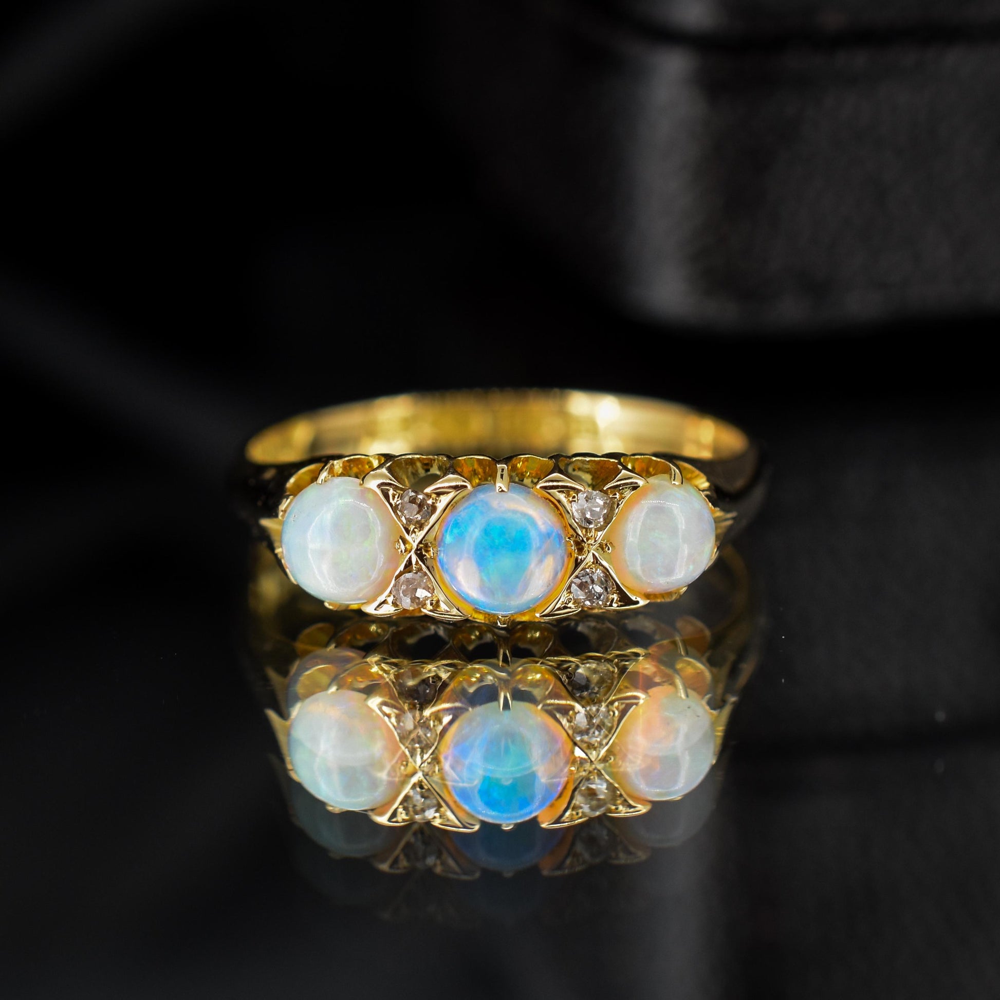 Antique Natural Opal and Diamond 18ct Yellow Gold Three Stone Trilogy Ring