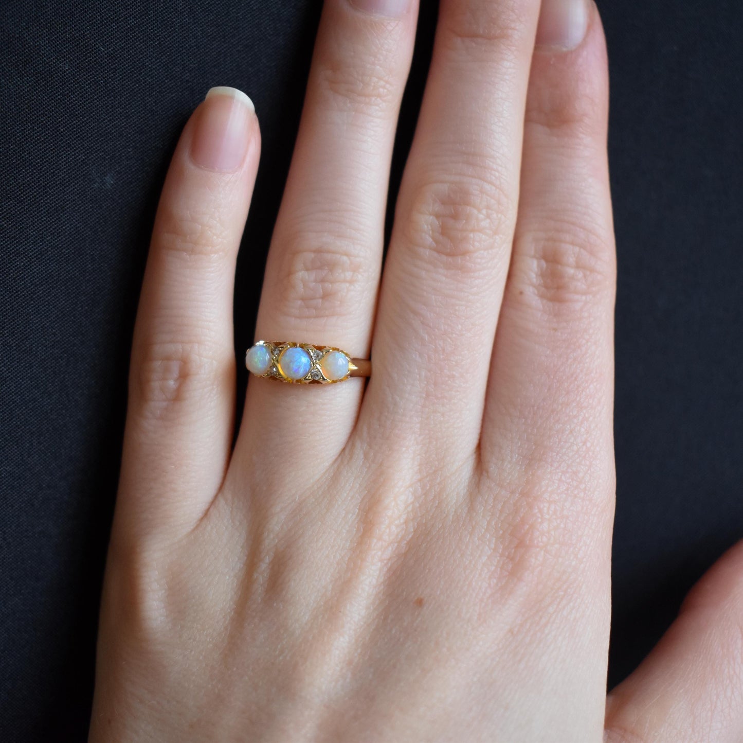 Antique Natural Opal and Diamond 18ct Yellow Gold Three Stone Trilogy Ring