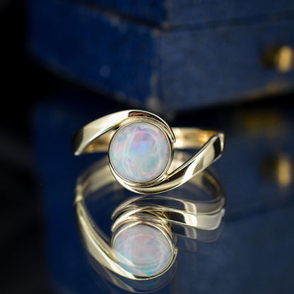 Vintage Natural Opal Round Bezel Twist Solitaire 9ct Gold Ring | Dated 1987