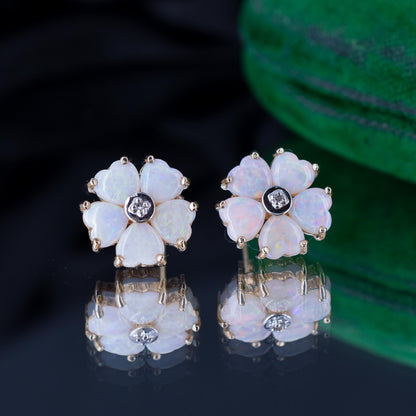 Heart Opal and Diamond Flower Gold Stud Earrings, Studs