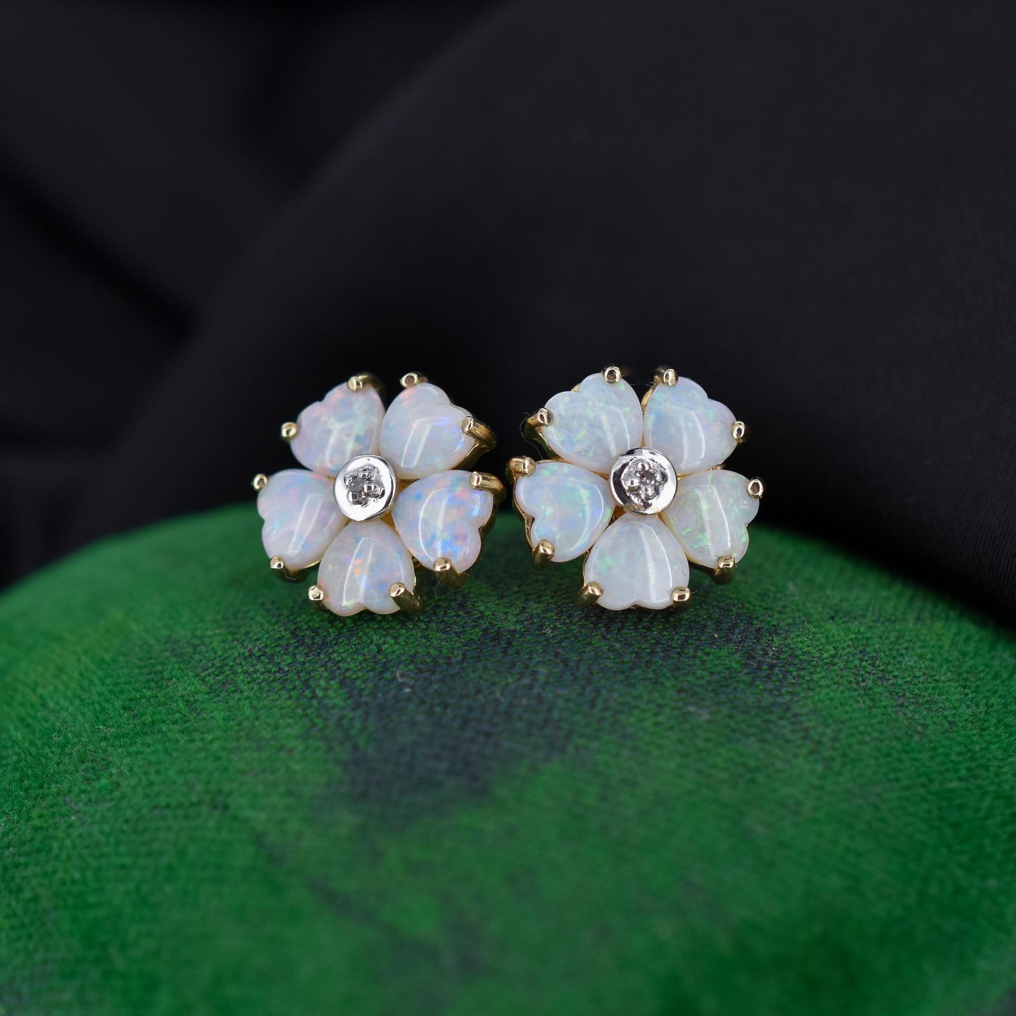 Heart Opal and Diamond Flower Gold Stud Earrings, Studs