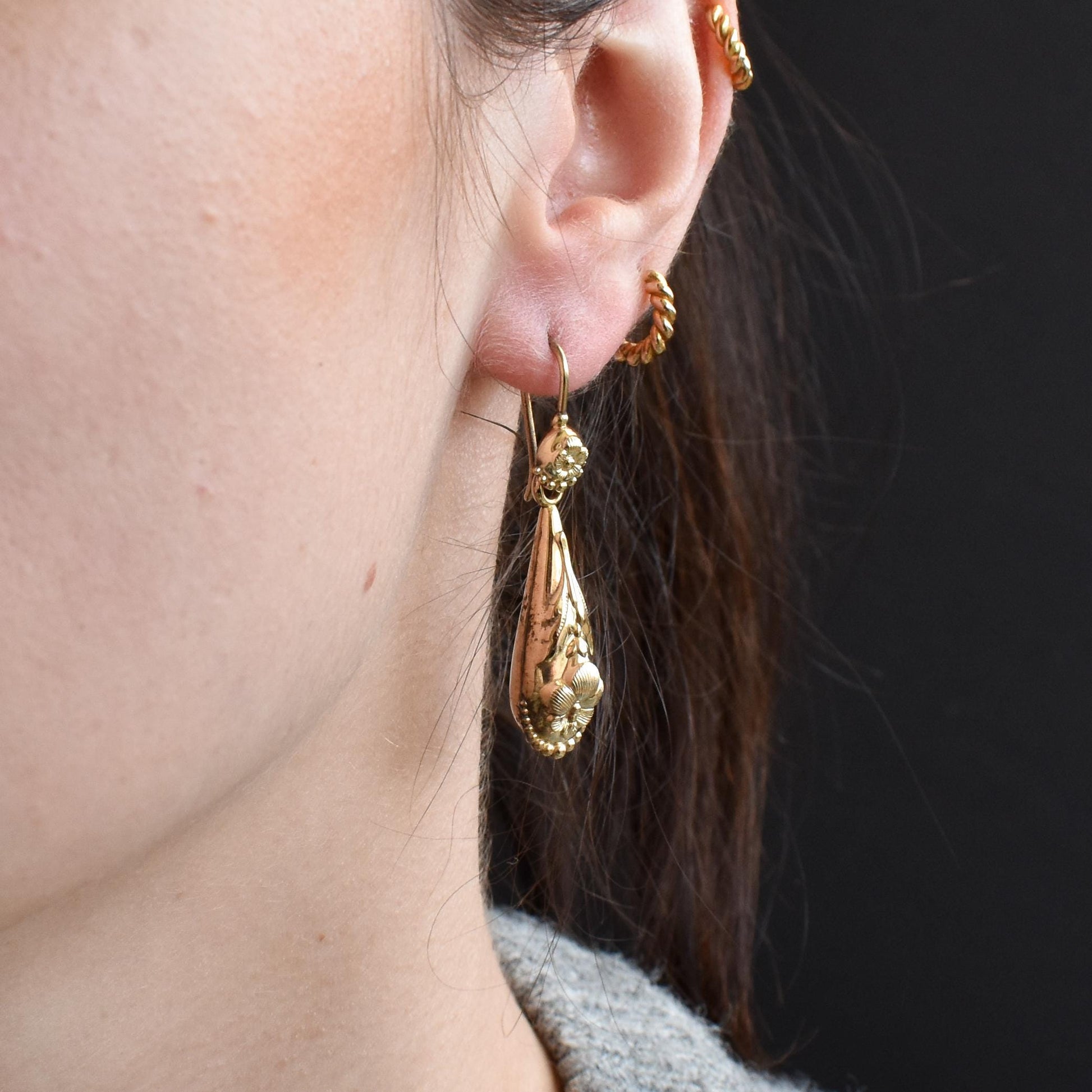 Antique Victorian Fancy Floral Torpedo Gold Gilt Drop Earrings