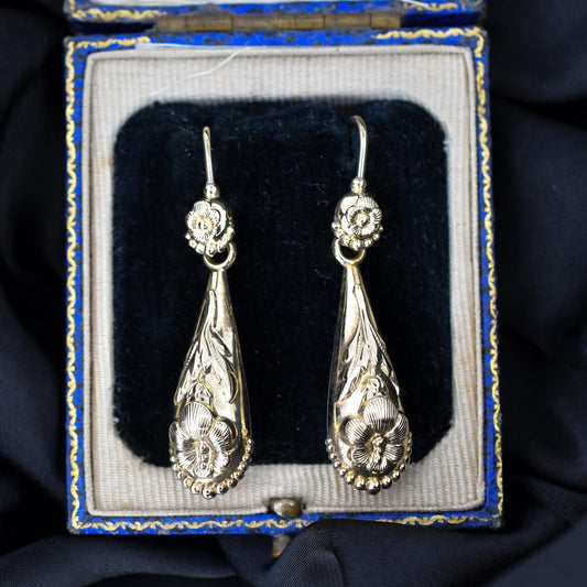 Antique Victorian Fancy Floral Torpedo Gold Gilt Drop Earrings