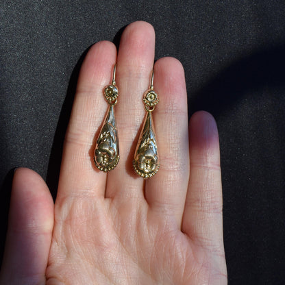 Antique Victorian Fancy Floral Torpedo Gold Gilt Drop Earrings