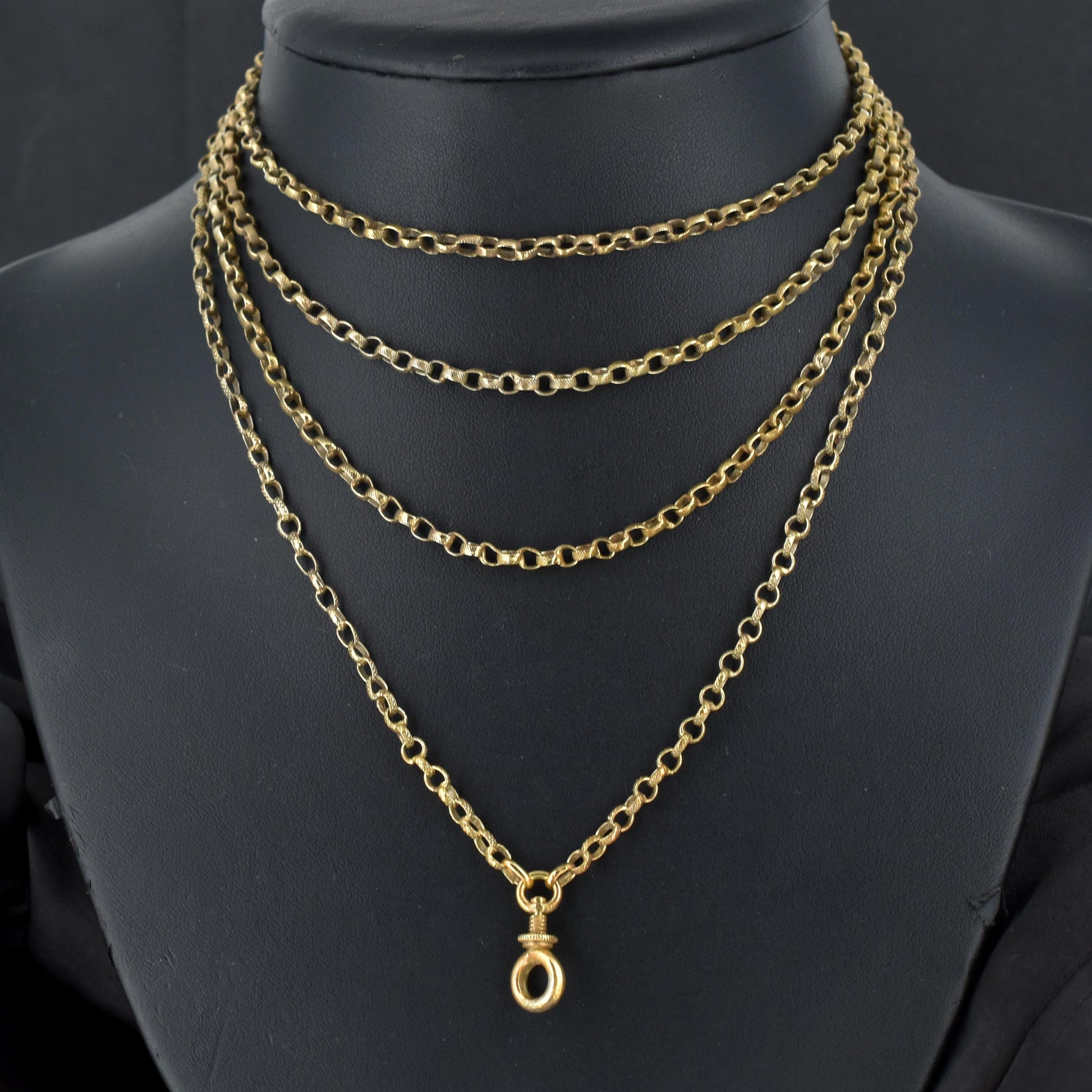 Antique Victorian Textured Long Guard Muff Chain Rolled Gold Necklace with Screw Dog Clip | 56"