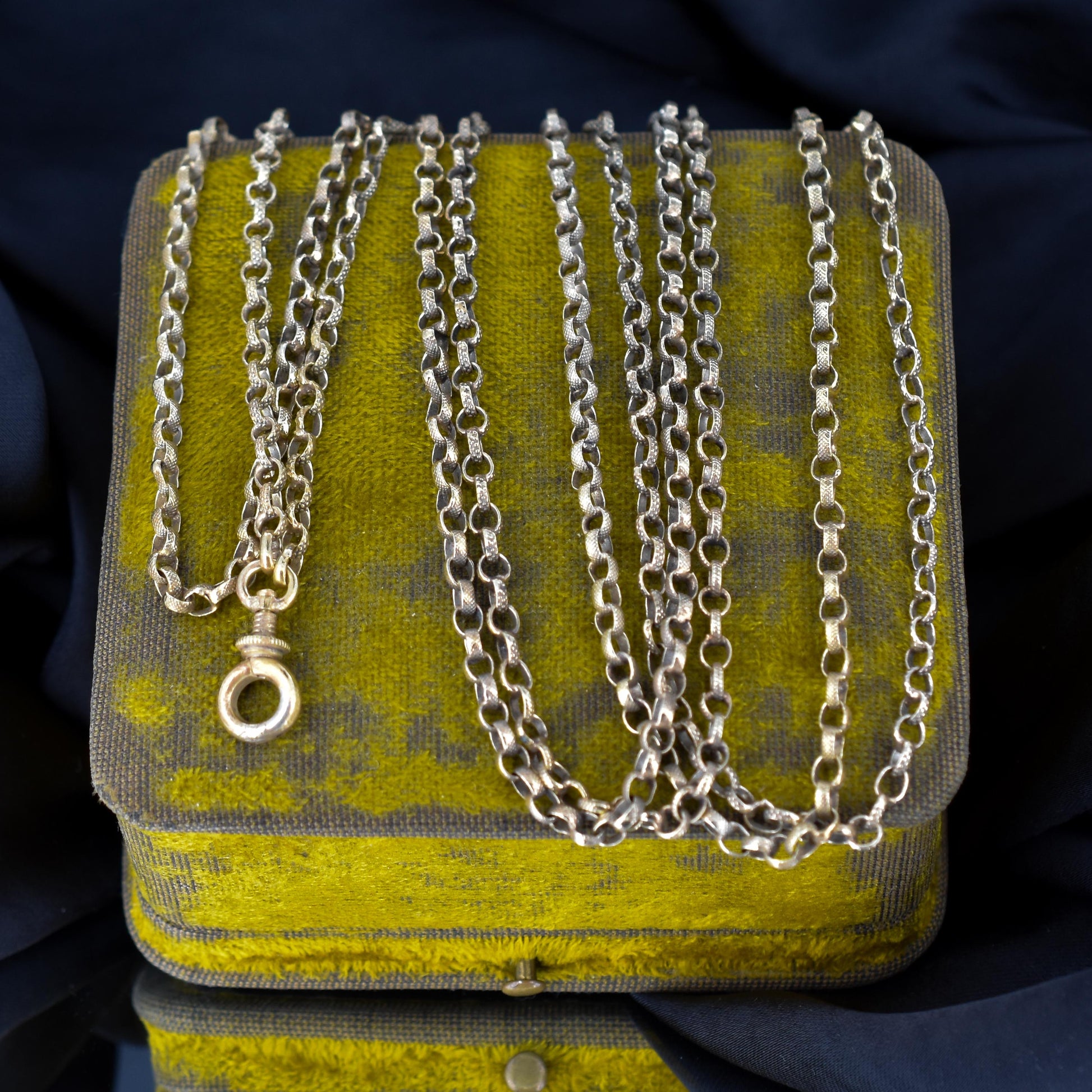 Antique Victorian Textured Long Guard Muff Chain Rolled Gold Necklace with Screw Dog Clip | 56"