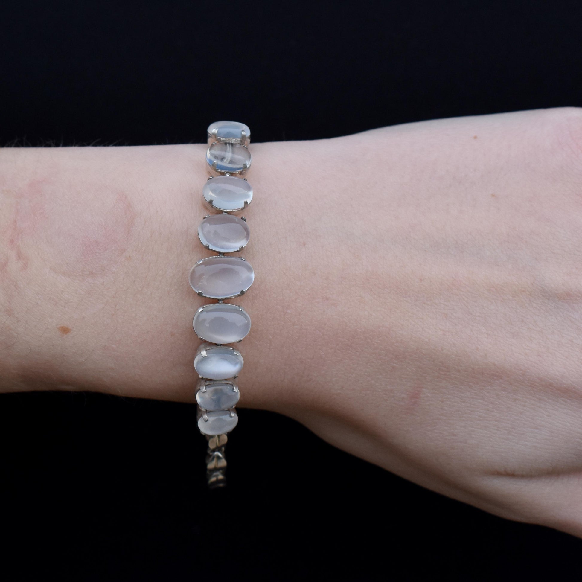 Antique Cabochon Moonstone Sterling Silver Bracelet